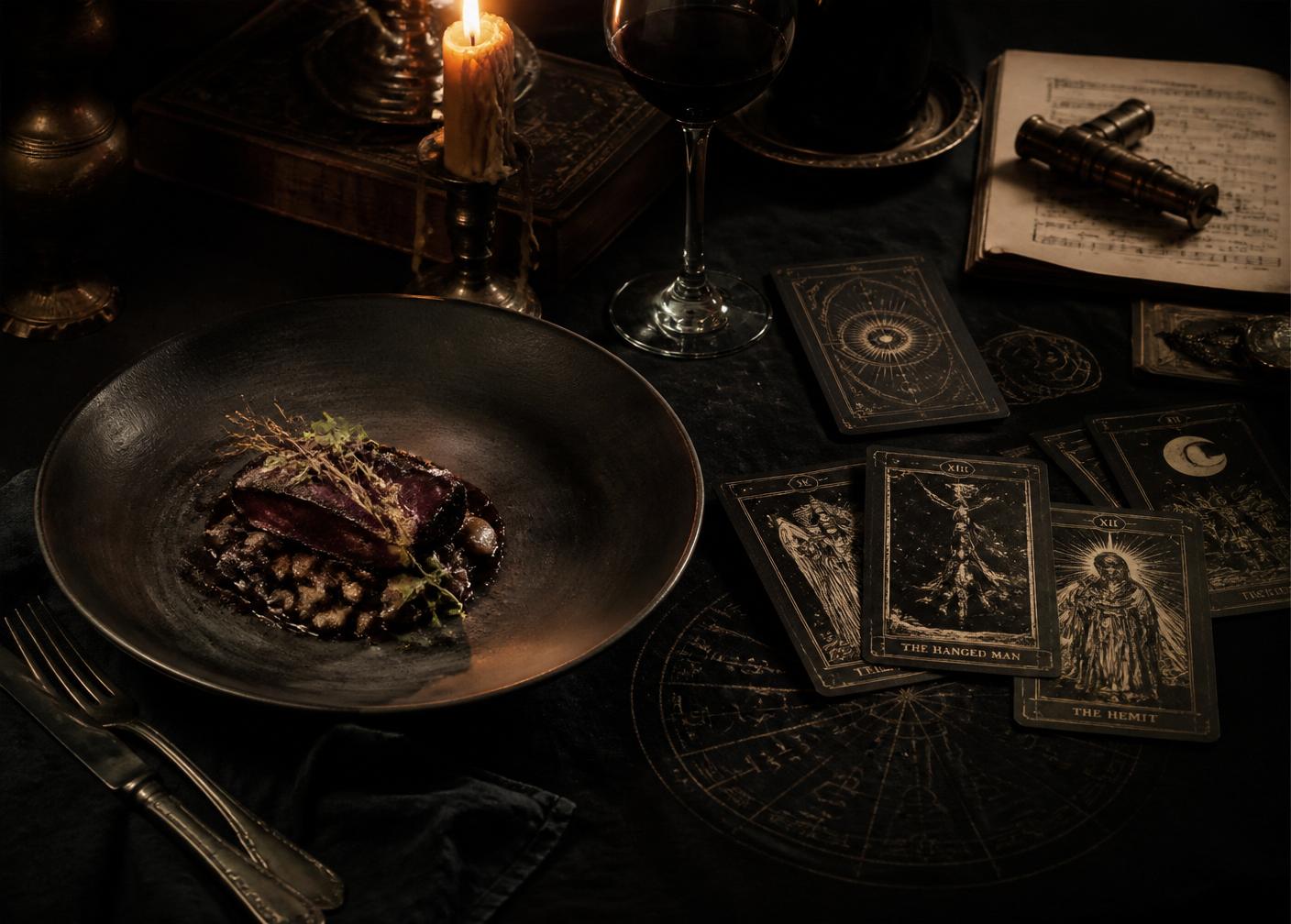 A plated course beside a spread of tarot cards and sheet music in candlelight